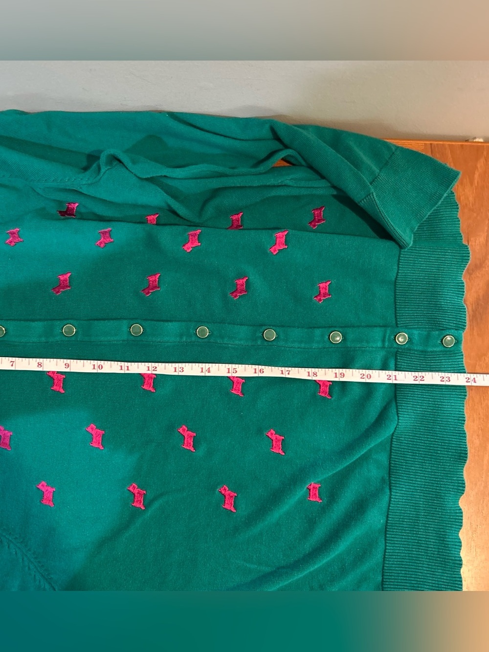 Charter Club Teal Green Button-Front Cardigan with Pink Dog Embroidery - Picture 5 of 7